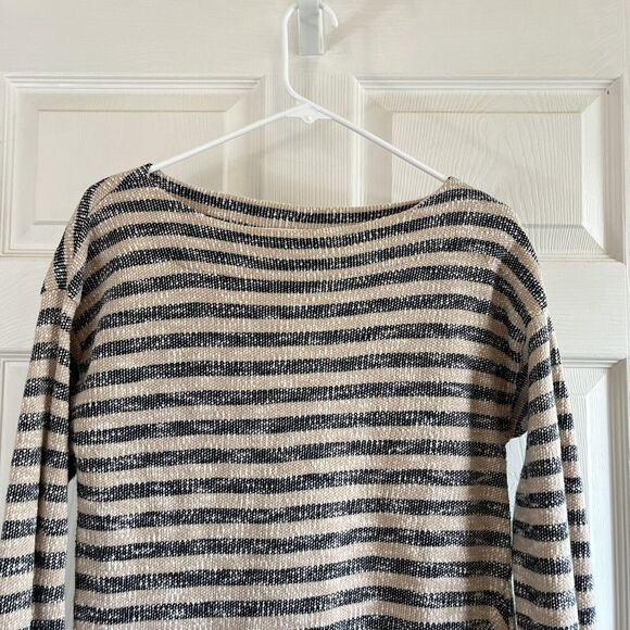 Soft Surroundings Womens Tunic Sweater Size L Striped Textured Black Tan Raw Hem - Picture 2 of 12
